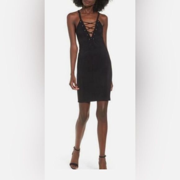 Leith Nordstrom Lace Up Front Bodycon Dress Sleeveless Black Size Small H5 - Picture 1 of 9